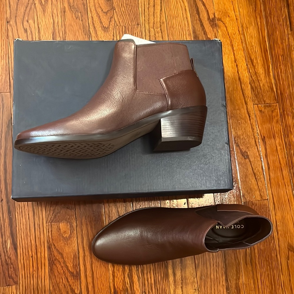 New in box Cole haan Gia bootie. Deep mahogany, leather size 10.